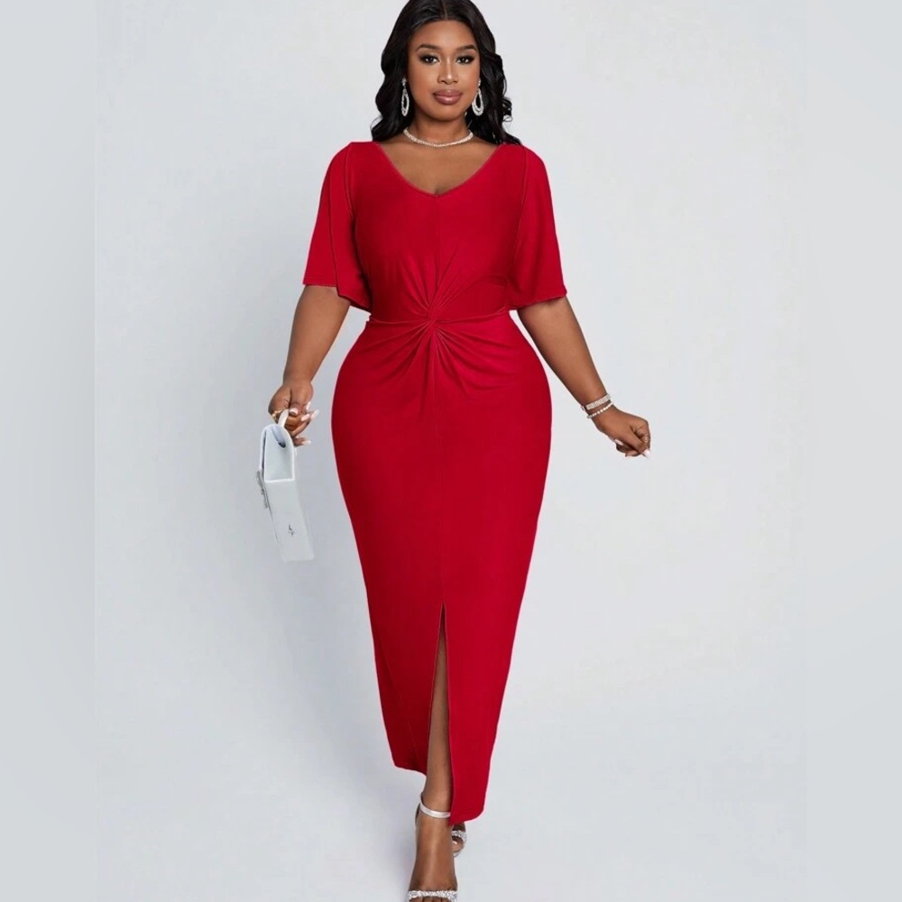 Red Elegant V-Neck Twist Design Midi-Length Dress